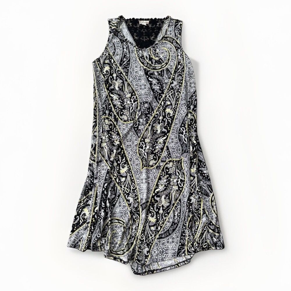 One World Women’s A-Line Dress Size L Paisley Black White Green Easy Summer Hip